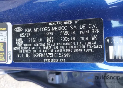 2017 Kia Forte Lx z USA, uszkodzony, nr VIN 3KPFK4A75HE152849